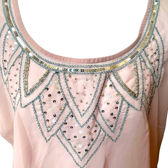 NWT Decree Peach See-Through Tunic with striped back Sequins Round Neck Size L - Picture 5 of 6